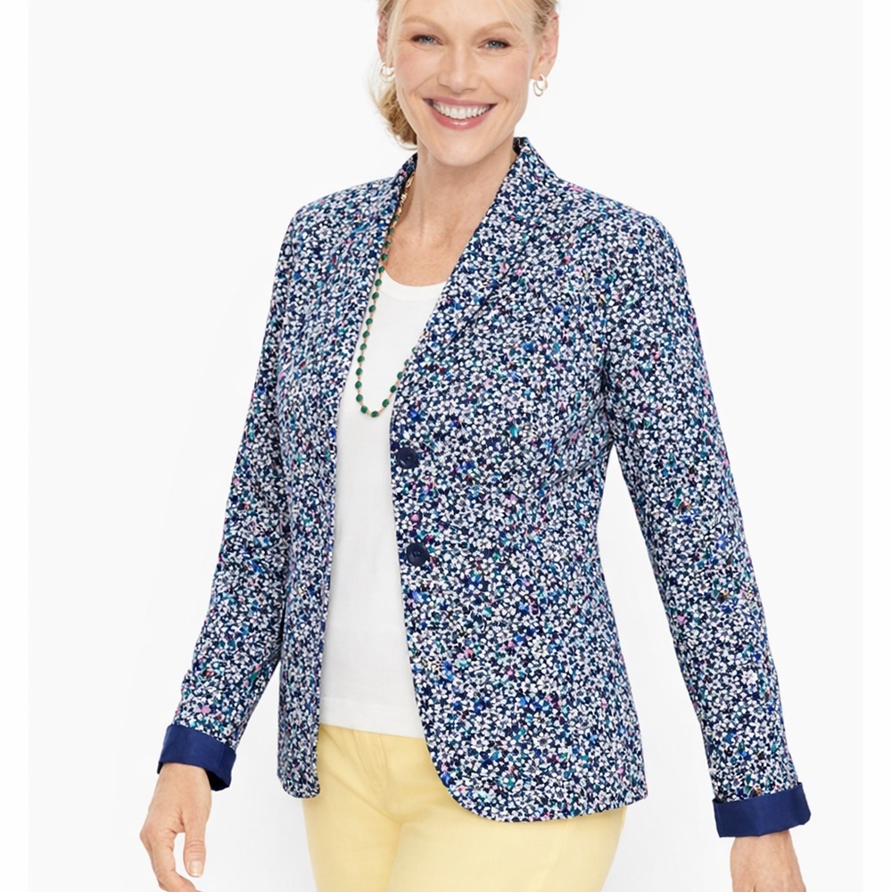 Talbots Navy Floral Cotton Blazer Womens Preppy Cottagecore Spring‎ Casual 14